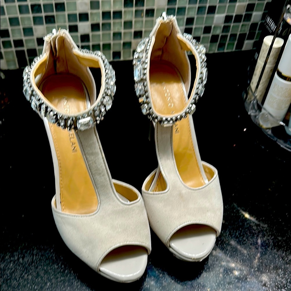 Elegant Cream High Heels with Rhinestone Ankle Strap